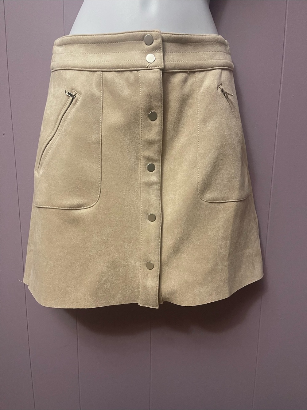 HYFVE faux suede Beige Button-Front Mini Skirt 2 pockets